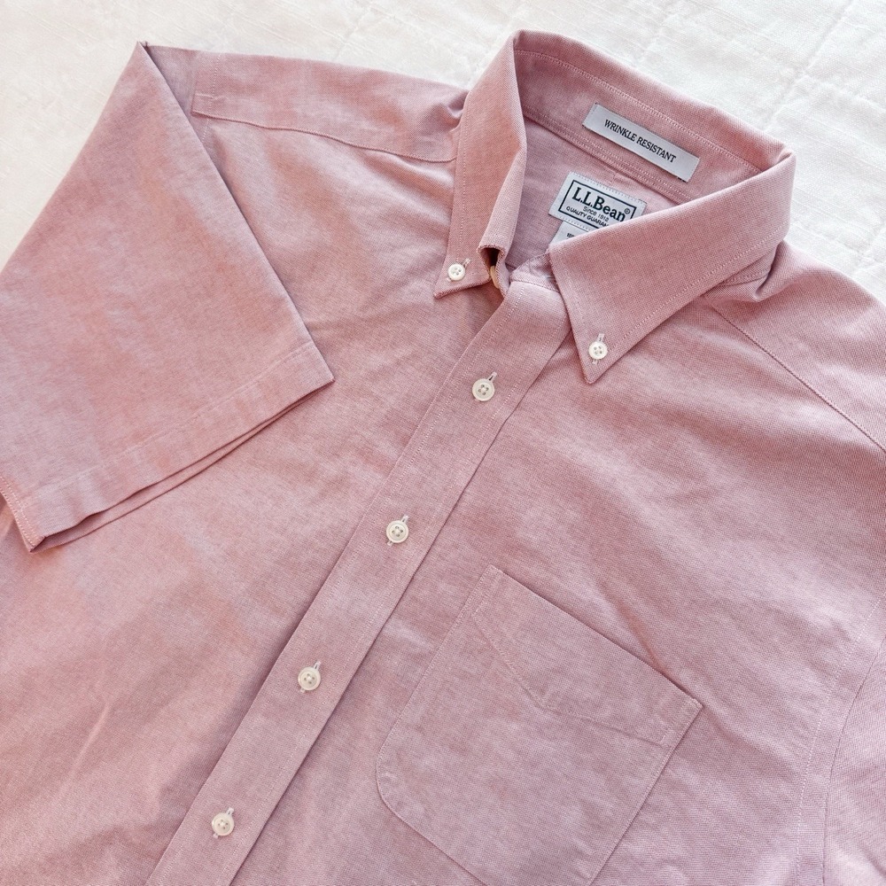 LL BEAN Shirt Mens 15.5-Reg Oxford Wrinkle Resistant Button Up Cotton Pink